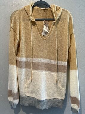 Mystree Colorblock V-Neck Hooded Sweater in Tan, Cream & Brown